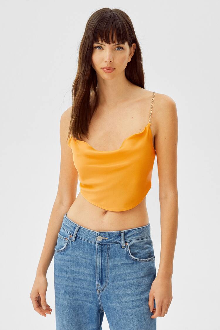 Draped satin crop top with chain straps