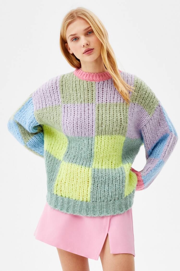Round neck sweater with multicoloured check