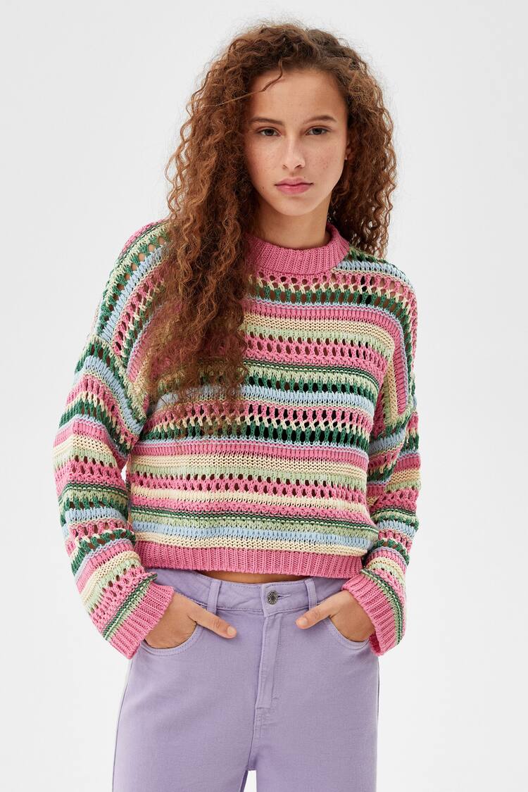Round neck sweater with multicoloured openwork
