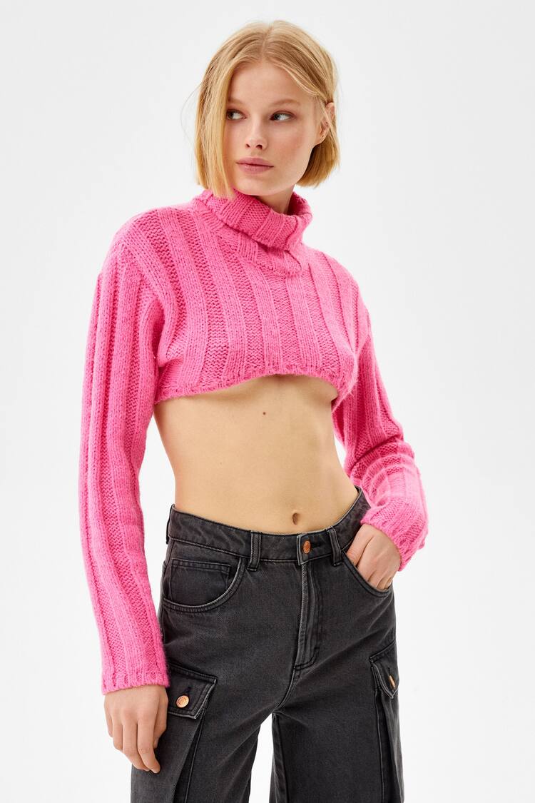 Cropped high neck ribbed sweater