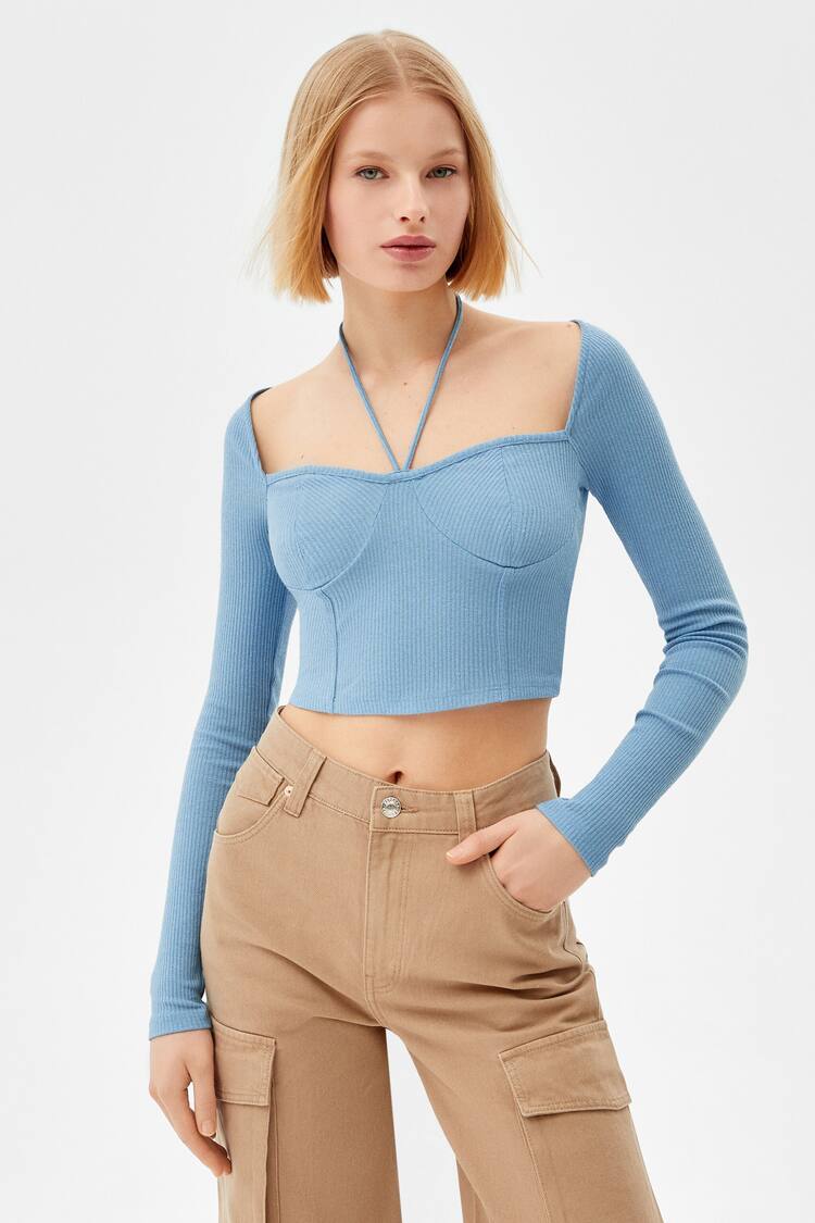 Long sleeve bustier top with neck straps