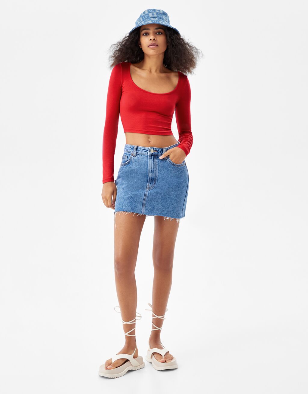 T-shirt cropped manches longues col rond - Femme