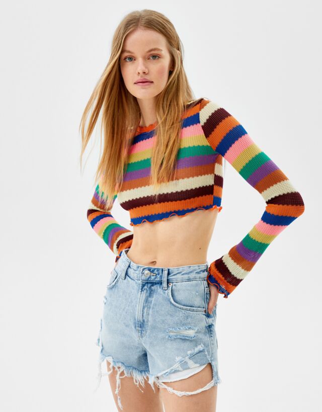 Maglietta a maniche lunghe con righe multicolori - Magliette - Donna |  Bershka
