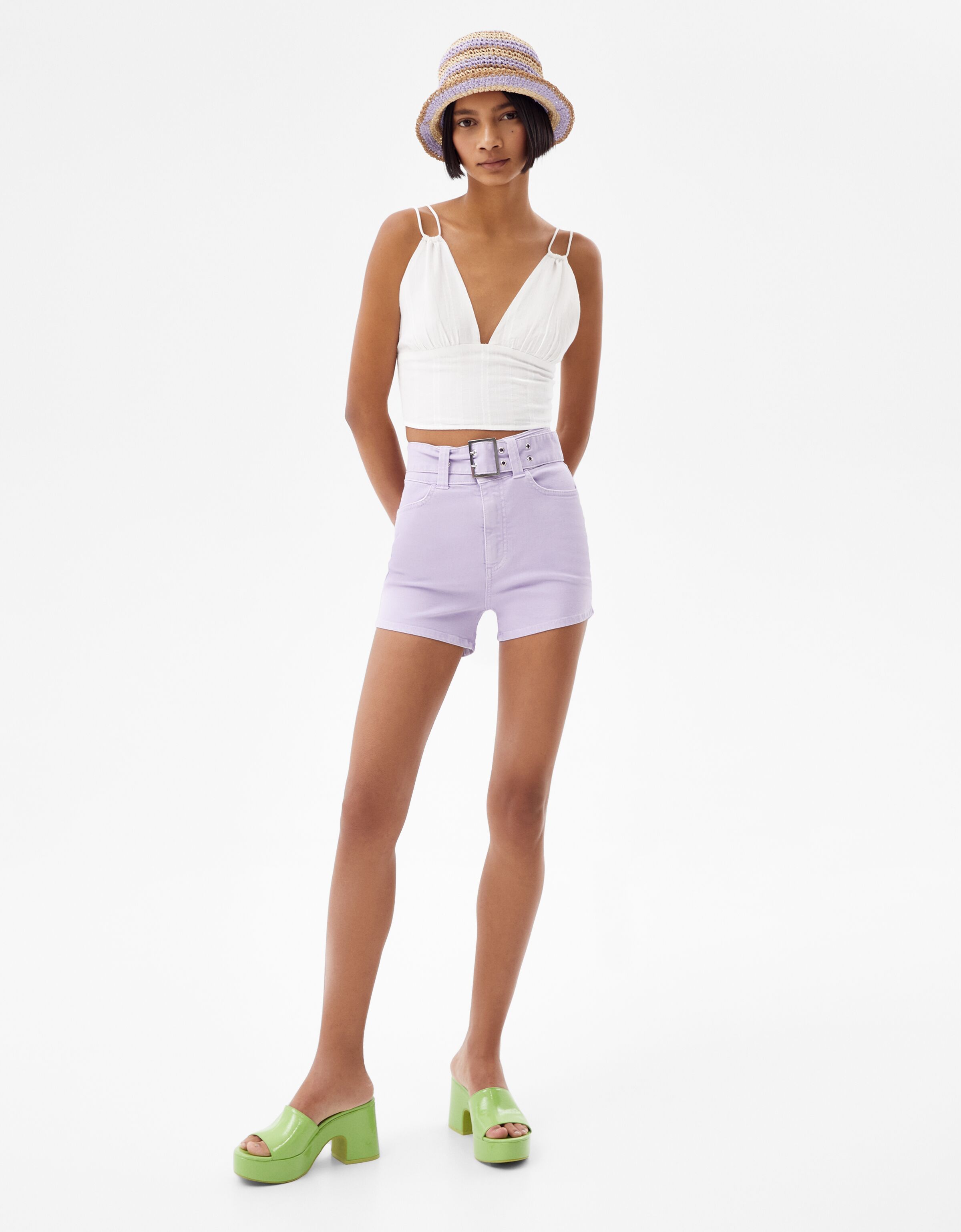 Fitted denim shorts with belt detail 