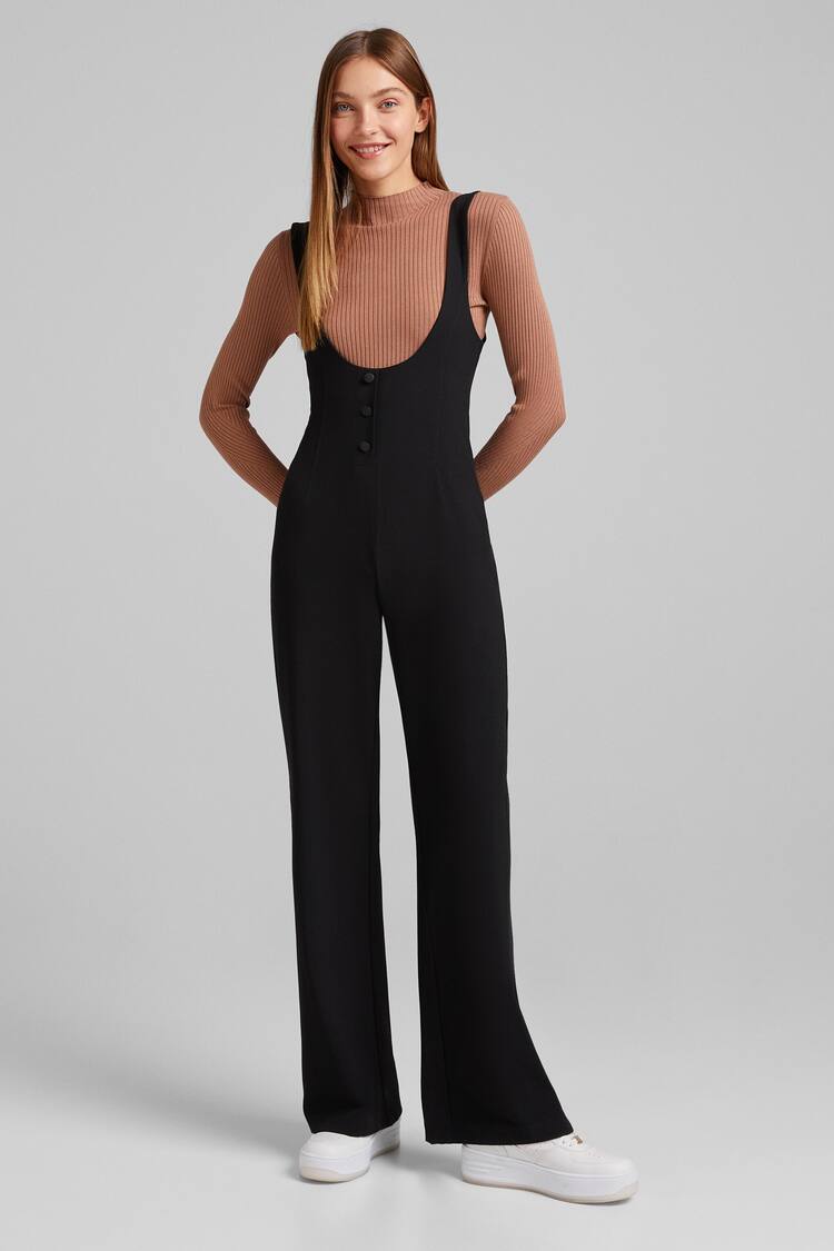Wide-leg jumpsuit with wide fitted straps and buttons