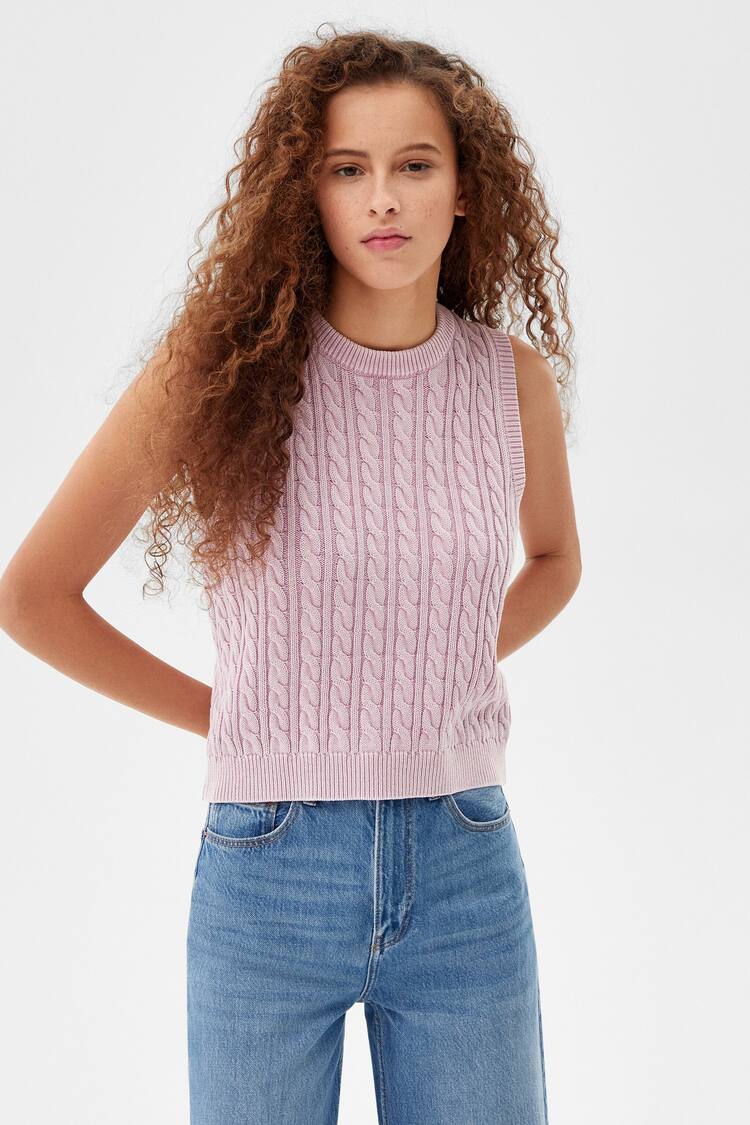 Faded-effect cable-knit round neck vest