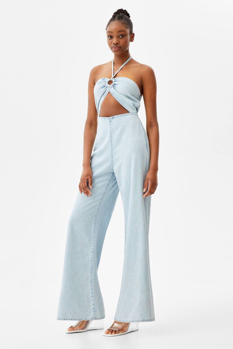 Long denim dungarees with ring detail