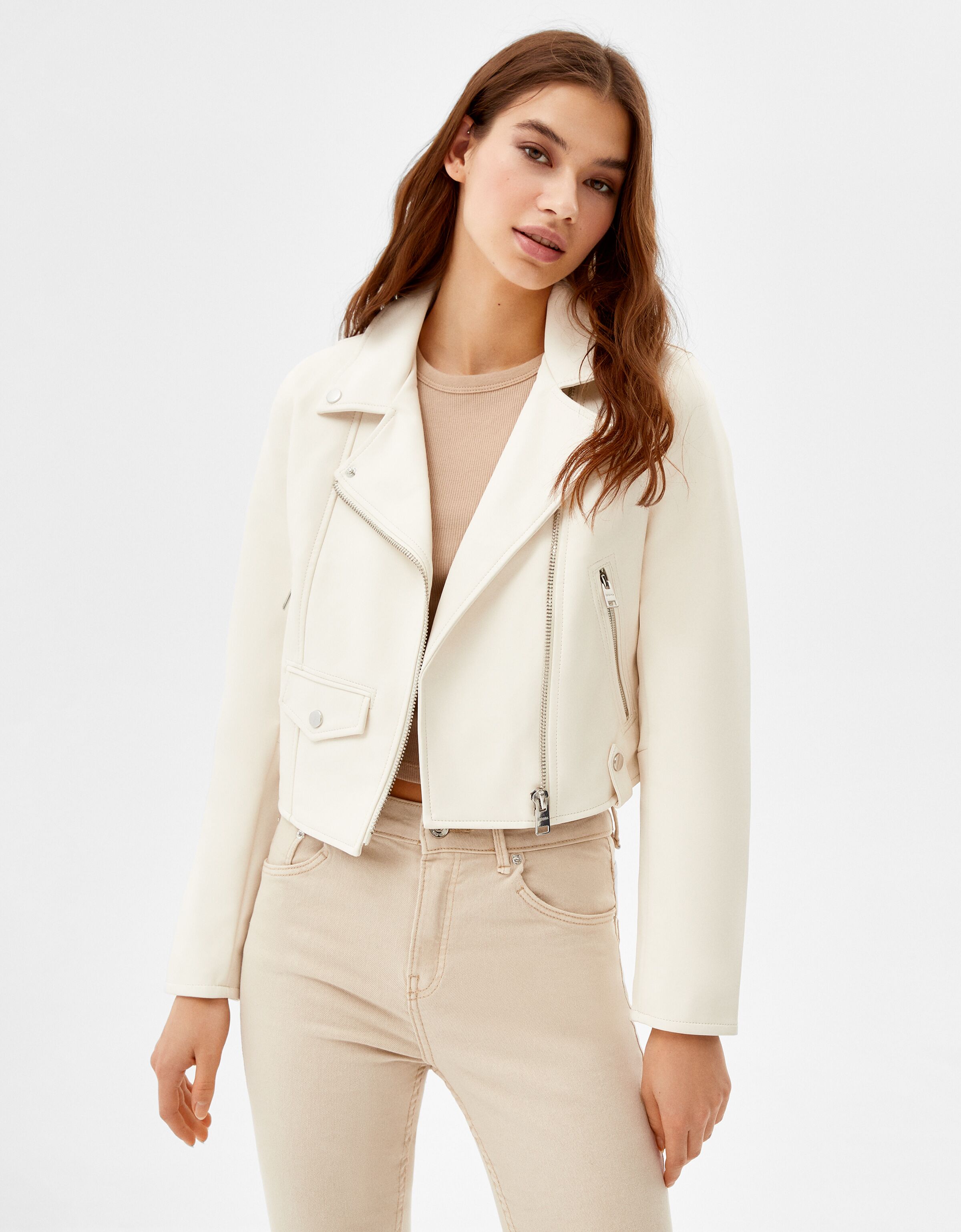 bershka white leather jacket