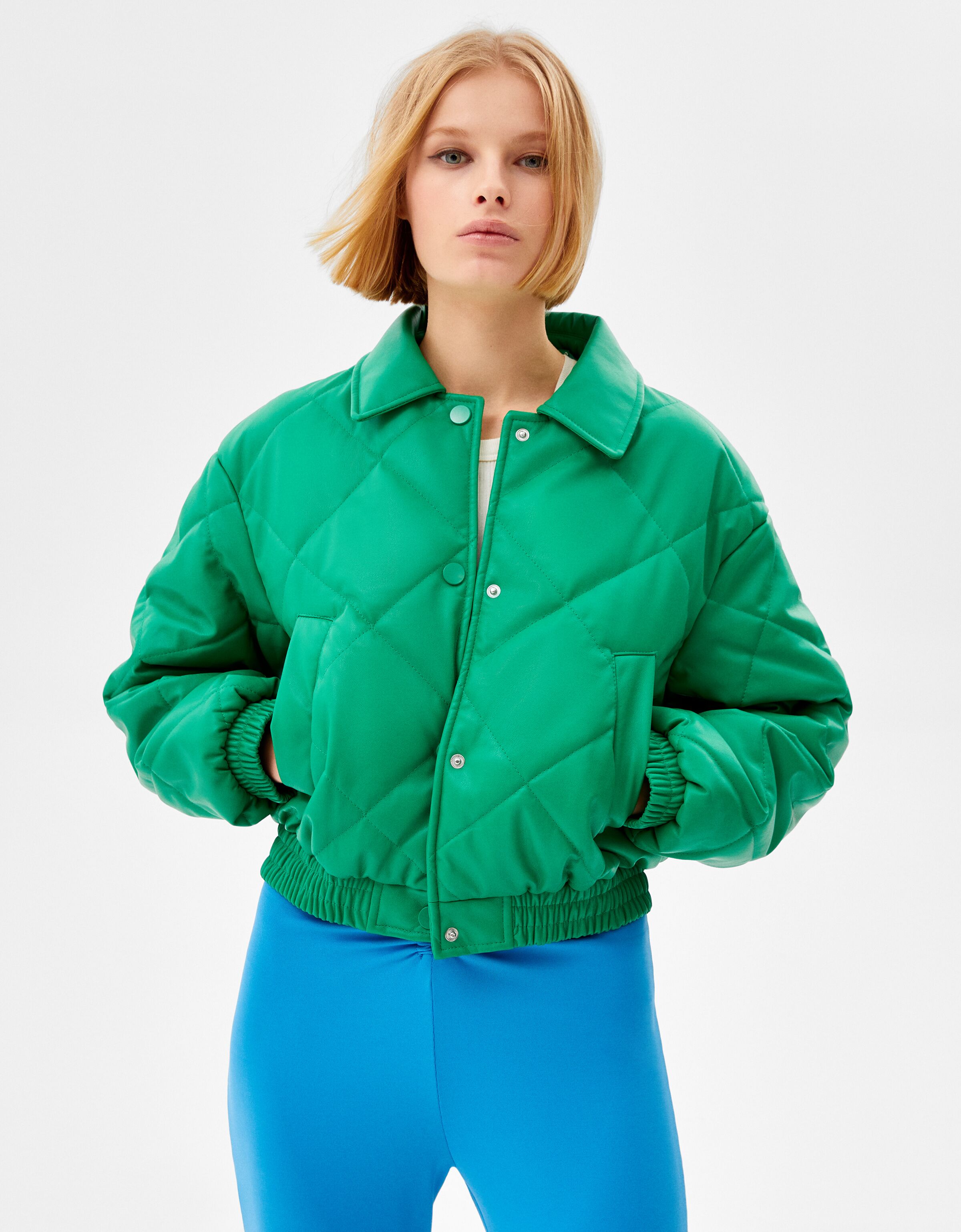 green leather puffer