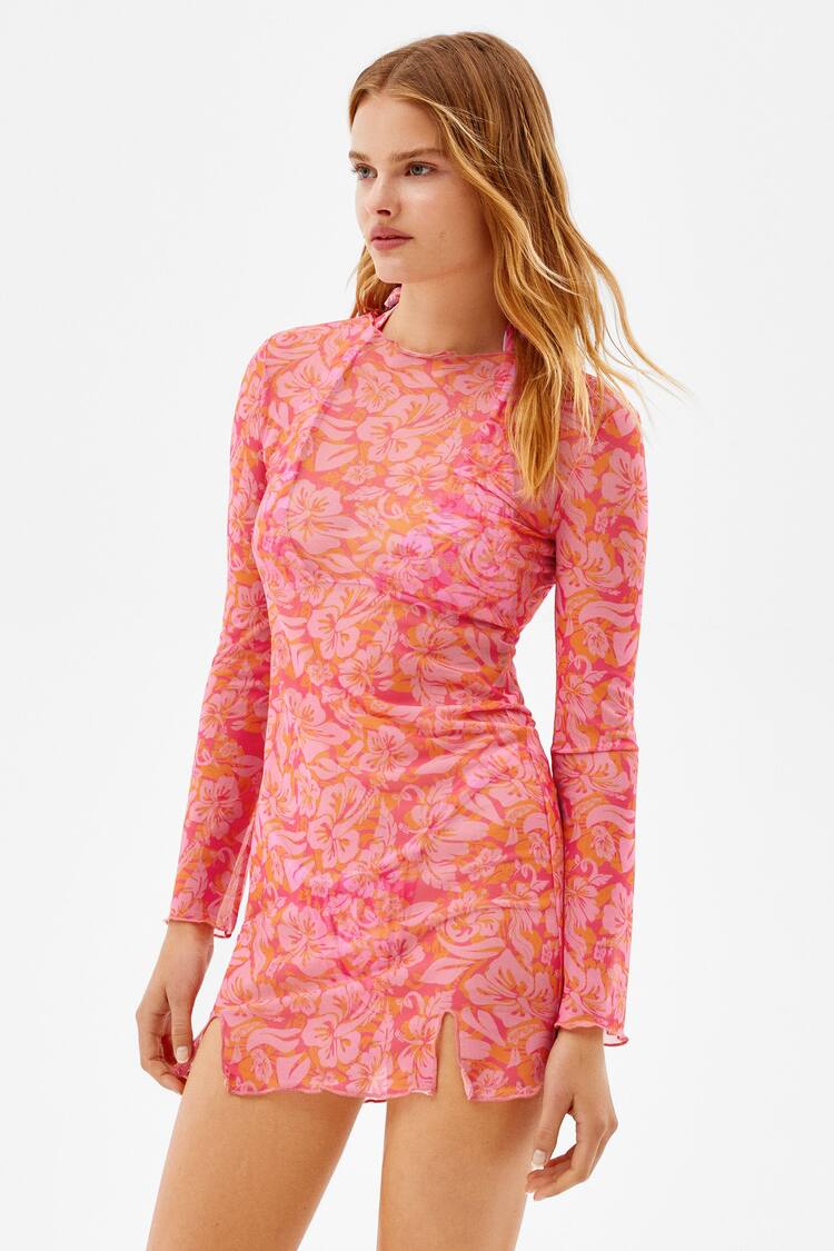 Tulle mini beachwear dress with floral print