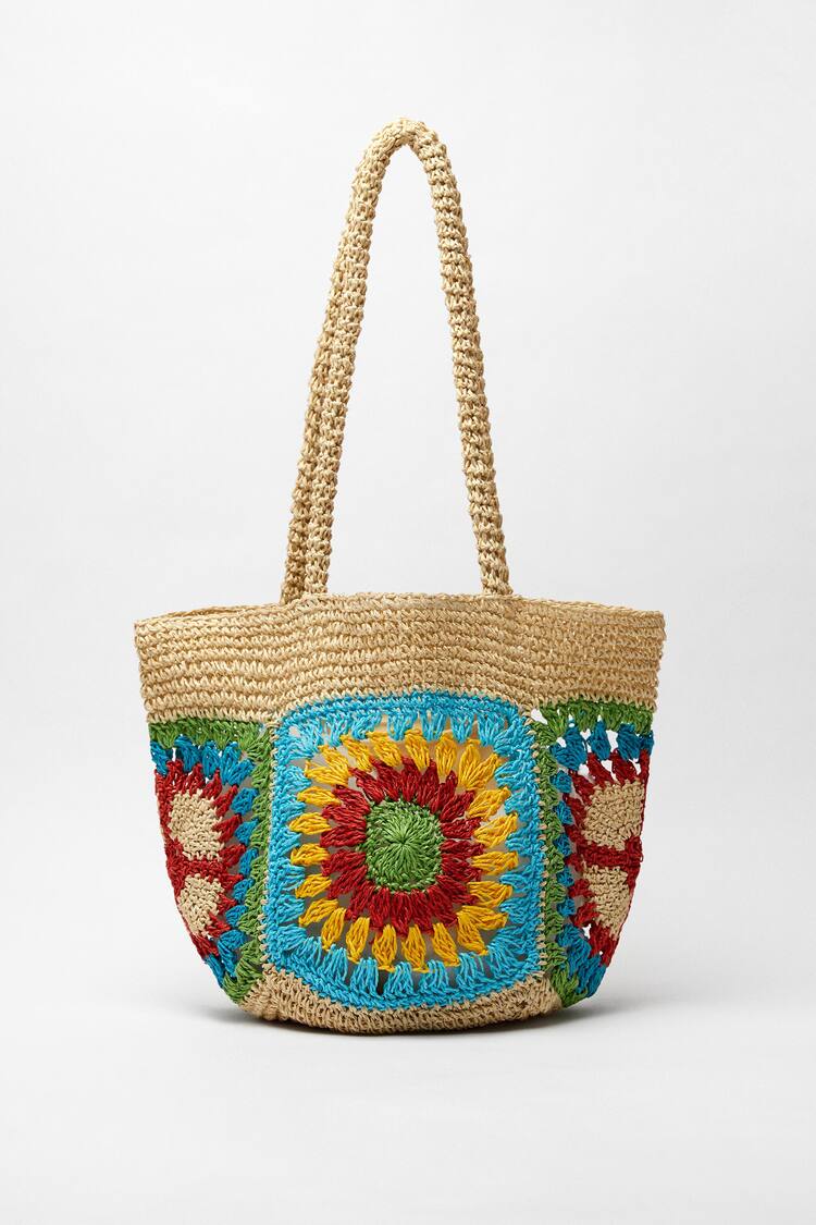 Raffia-effect tote bag with flower