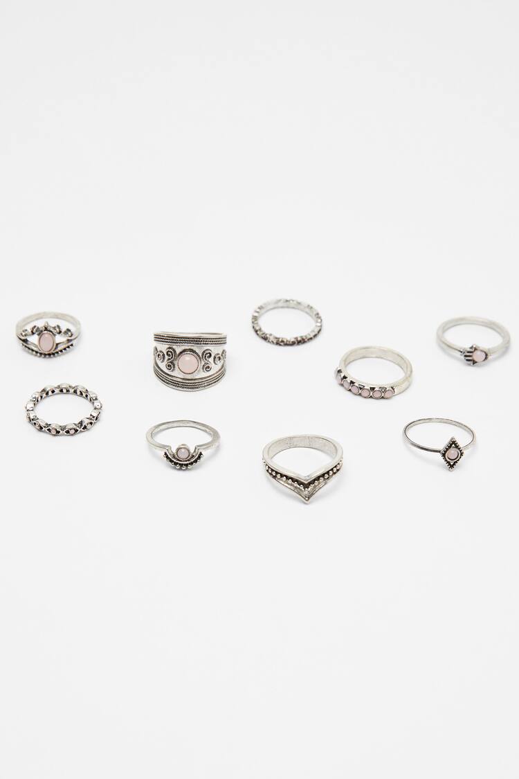 Set of 9 boho rhinestone rings