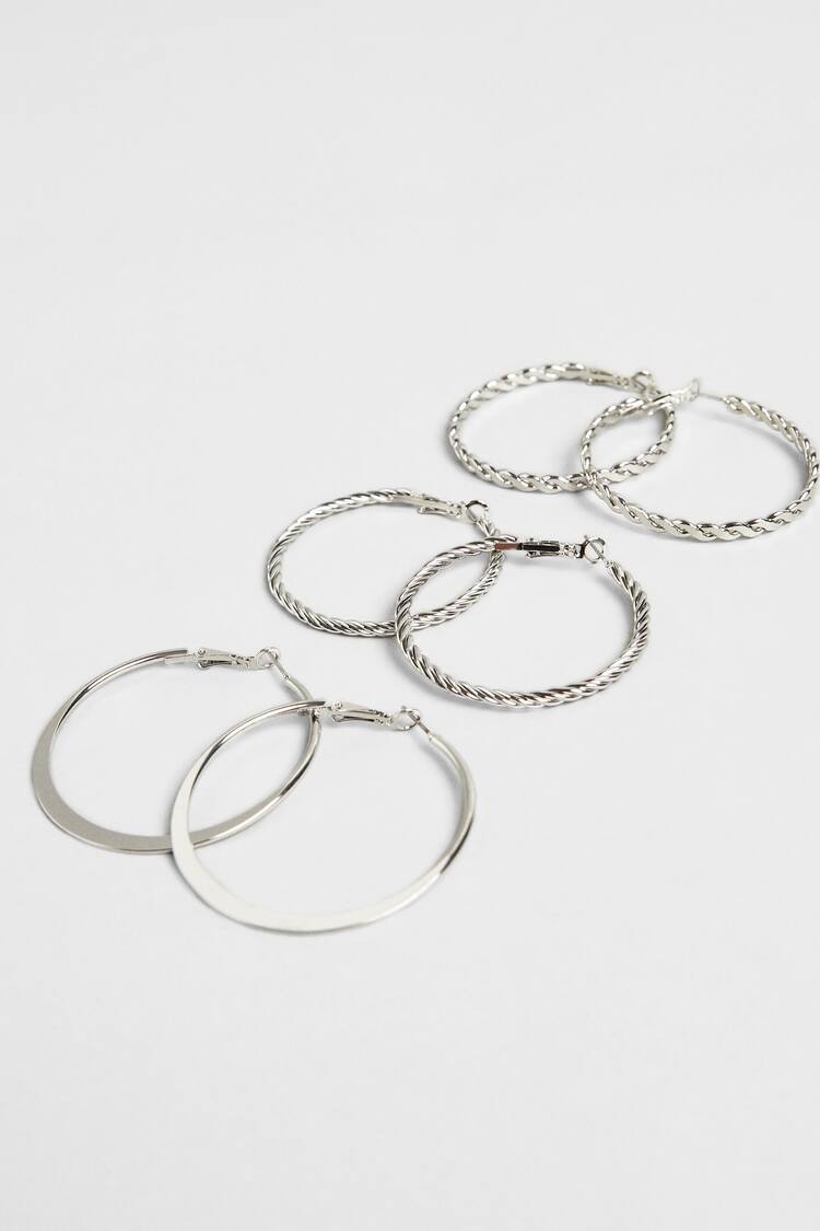 Set of 3 pairs of textured plain hoop earrings