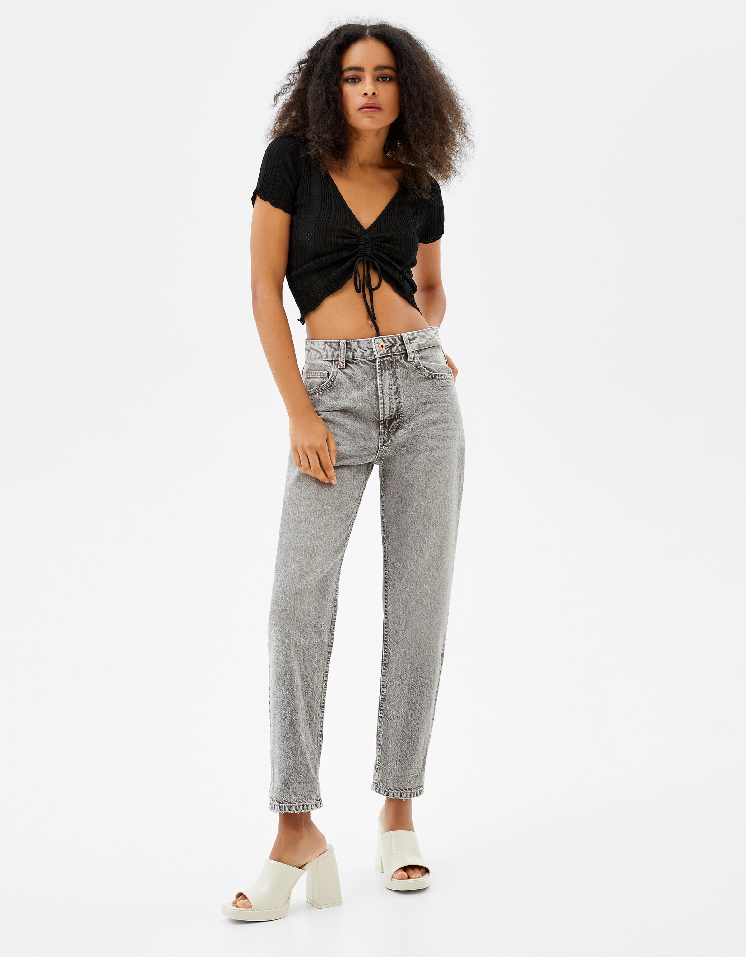Jeans Mujer | Bershka Jeans Mom Parches Azul Lavado - Bellavista