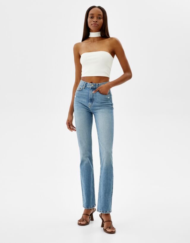 High-rise comfort slim-fit straight-fit jeans - Denim - Woman | Bershka