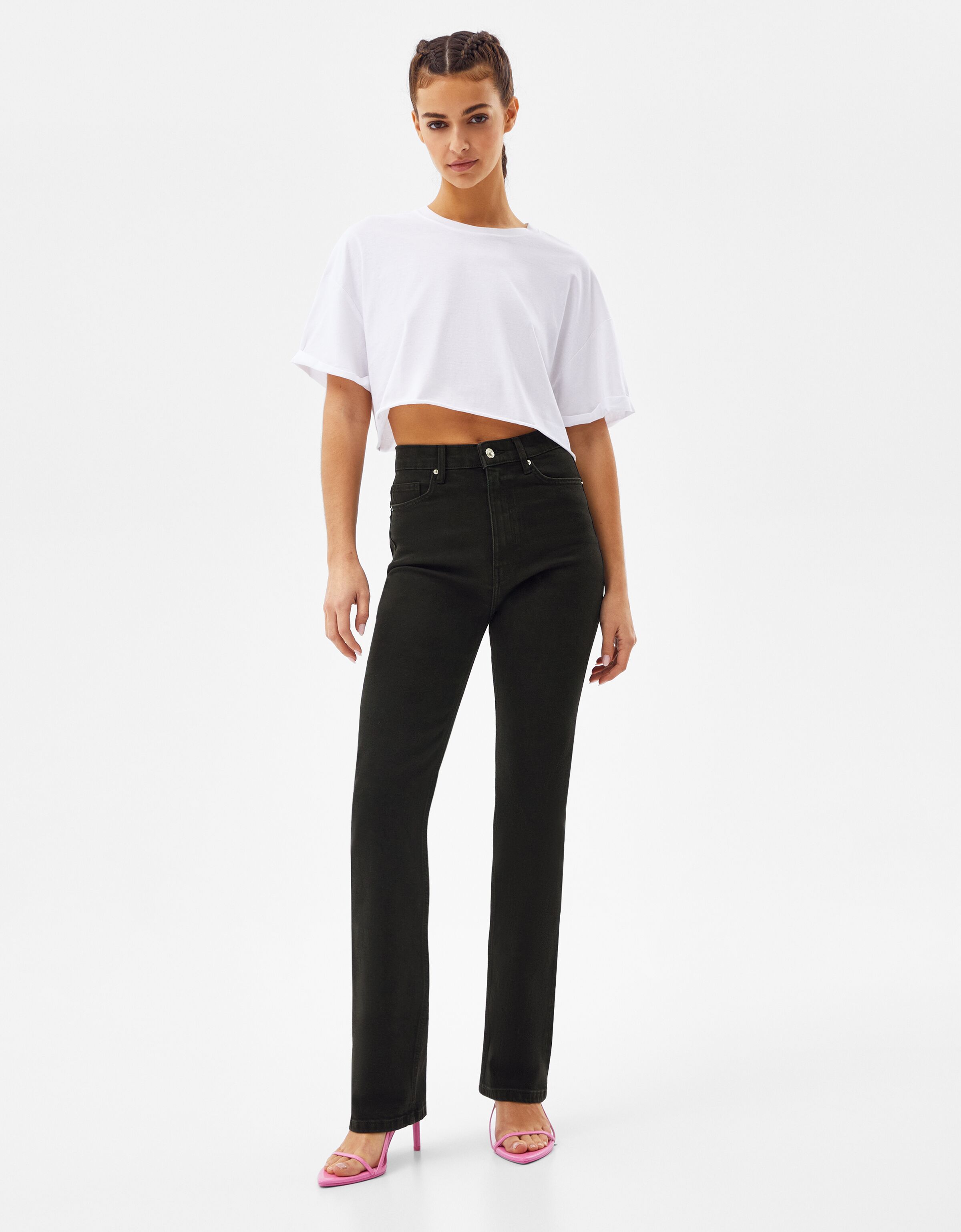 High-waist comfort slim-fit straight-fit jeans - Denim - Woman | Bershka
