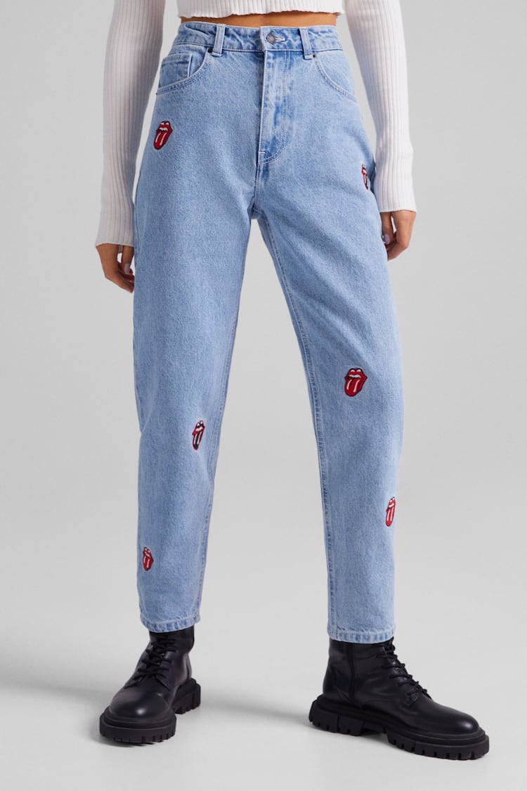 Mom jeans with Rolling Stone embroidery