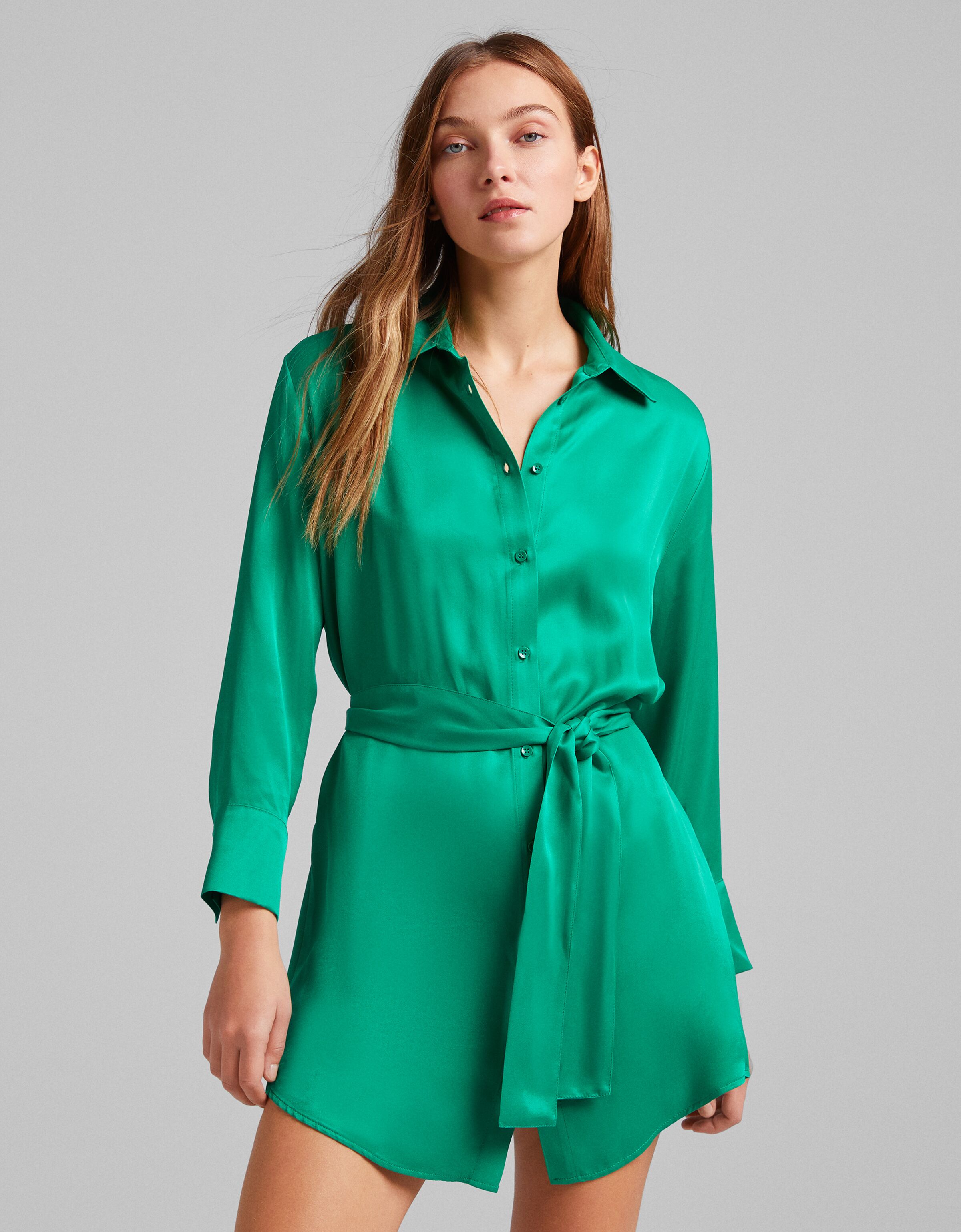 Satin shirt dress with belt - Dresses 