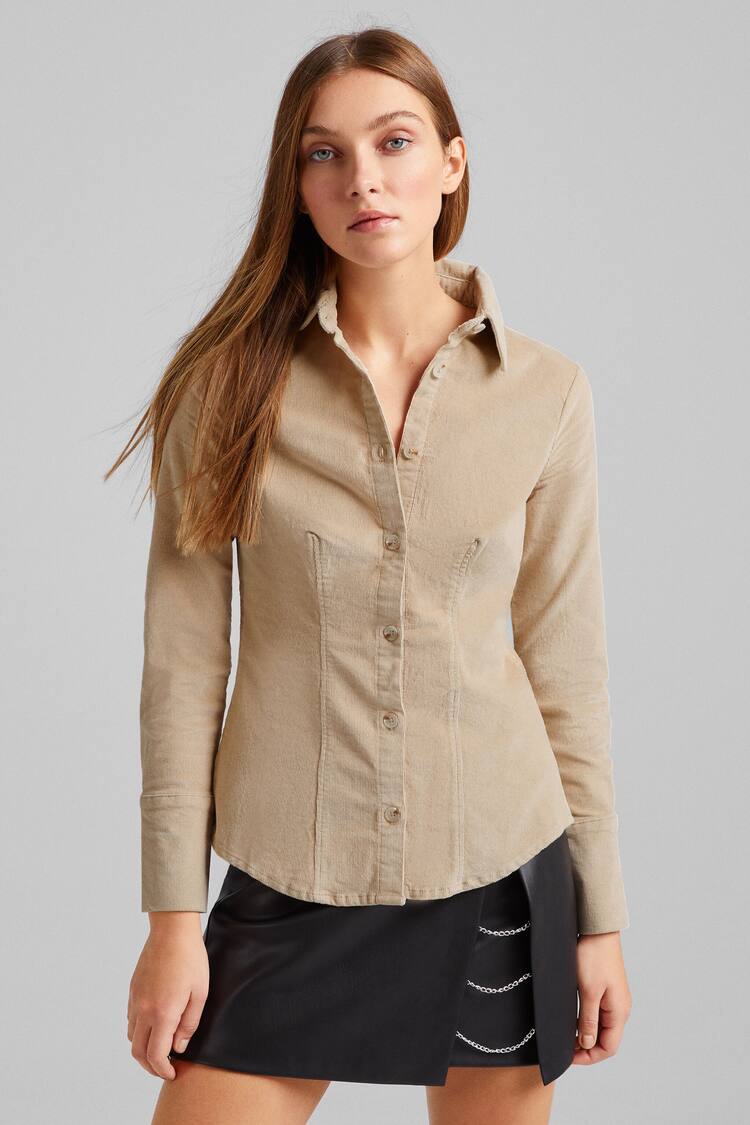 Long sleeve fitted needlecord print shirt