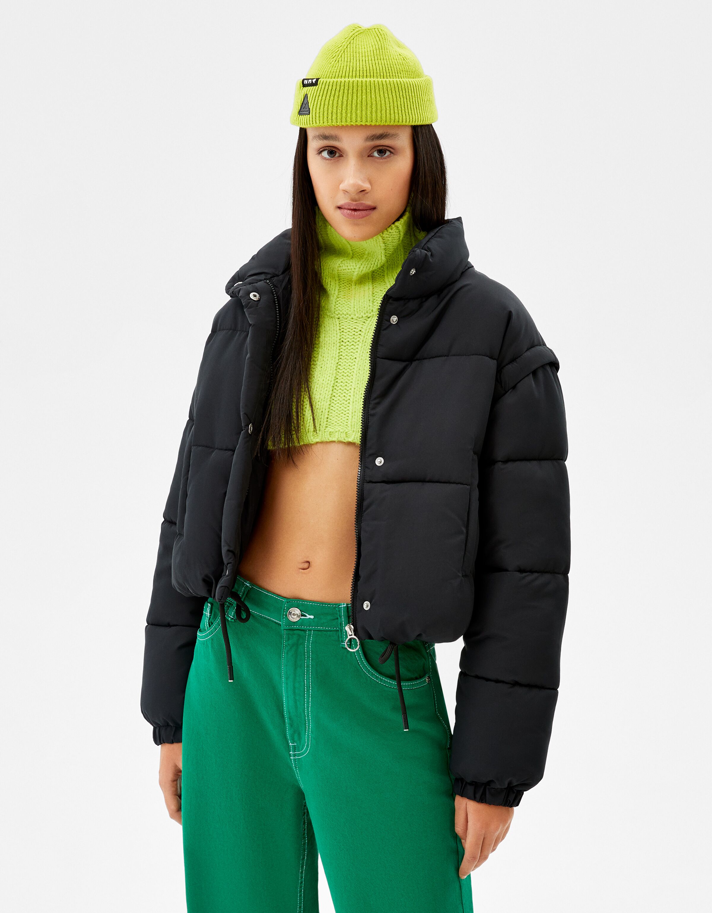 Short nylon-effect puffer jacket 
