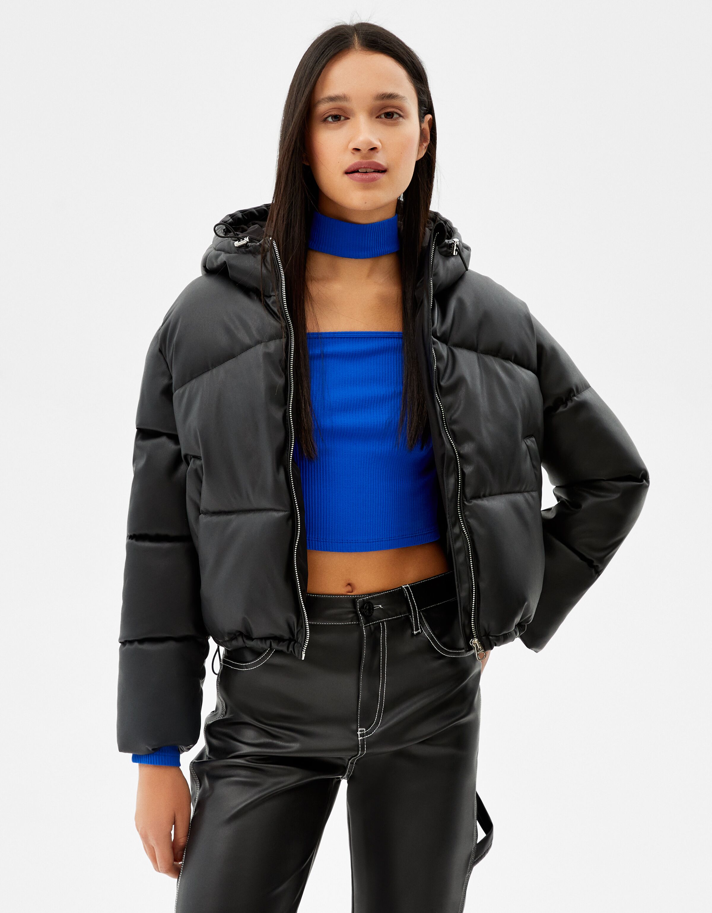 hooded leather puffer jacket