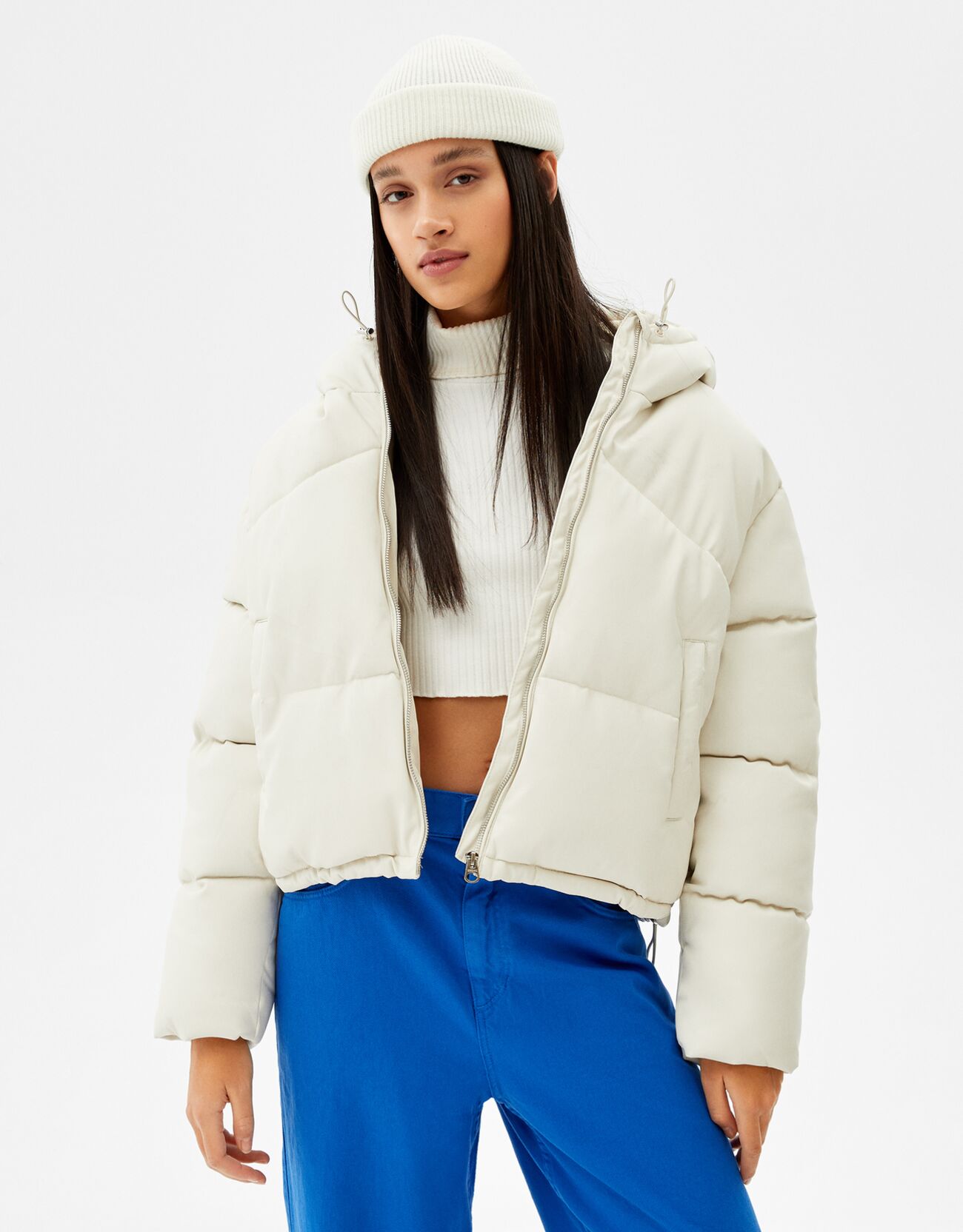 Faux leather puffer jacket with hood 
