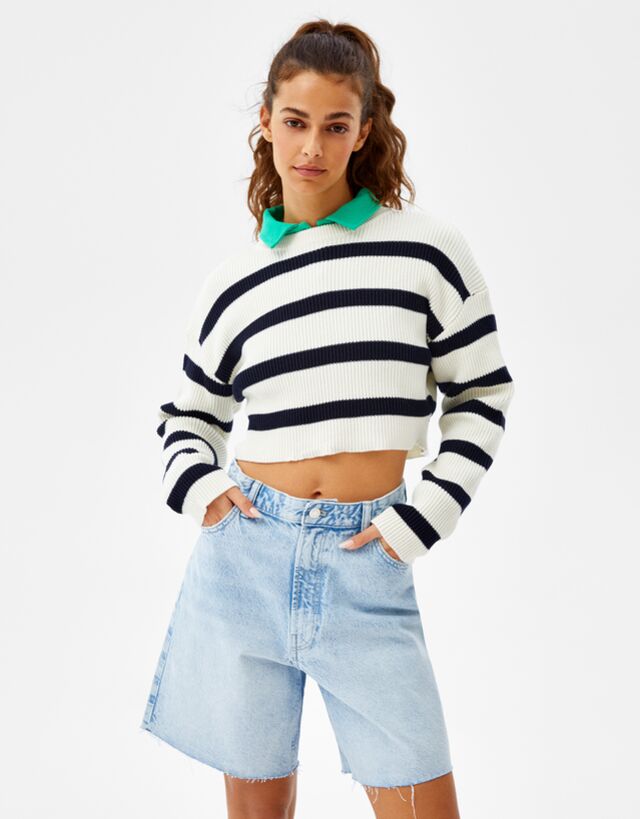 Cropped sweater with stripes - Sweaters and cardigans - Woman | Bershka
