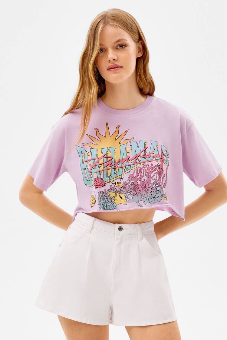 Short sleeve cropped T-shirt with print