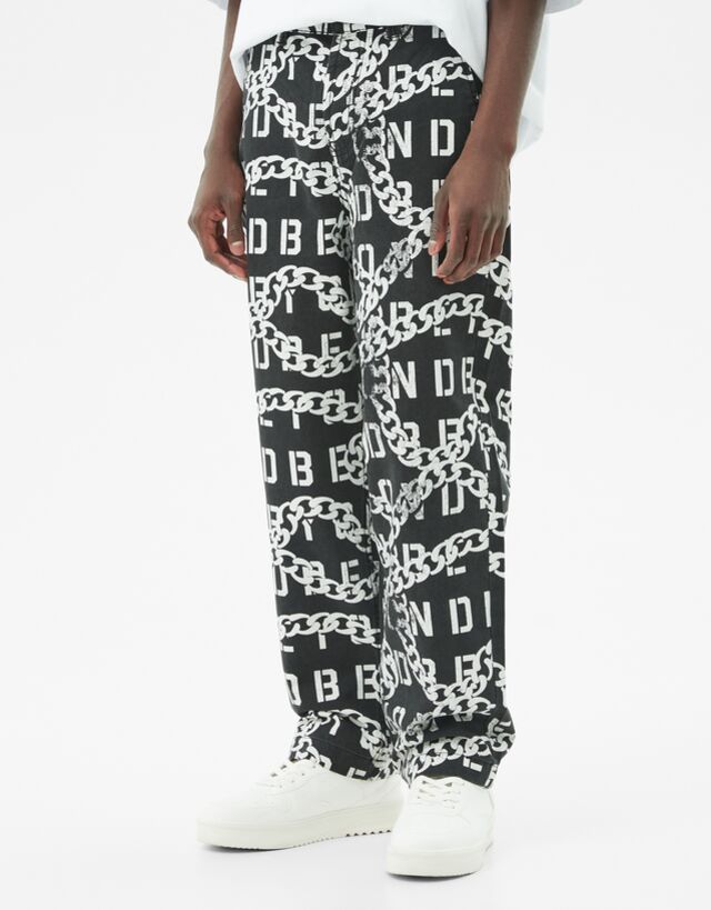 Katoenen broek wide leg met schakelprint - Broeken - Heren | Bershka
