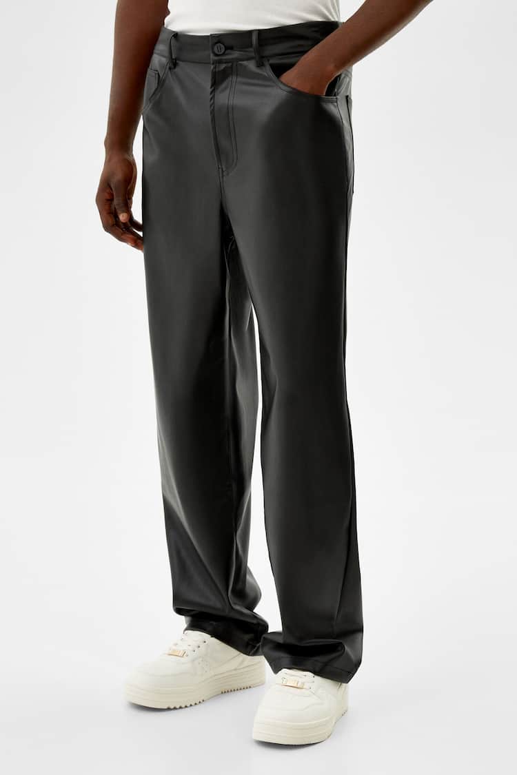 Faux leather wide-leg trousers with five pockets