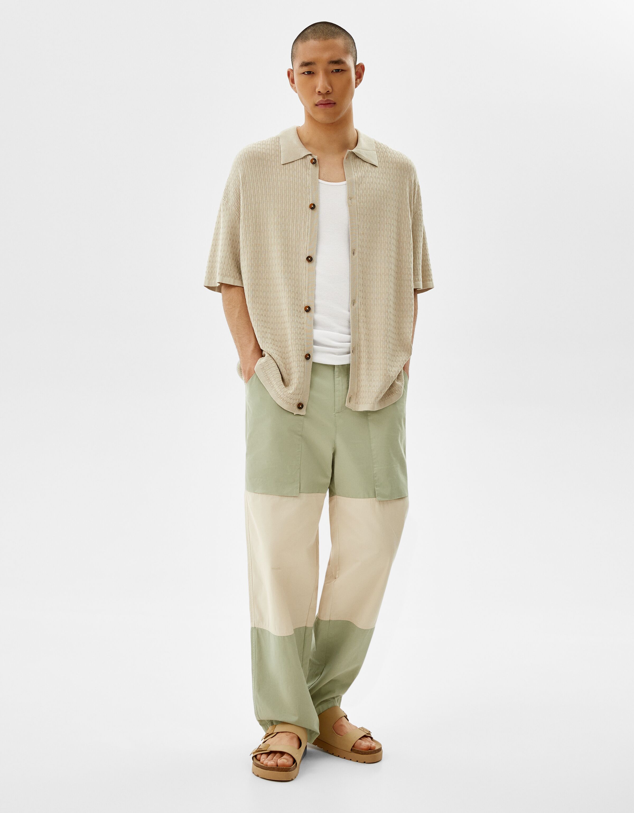 Contrast wide-leg worker trousers 