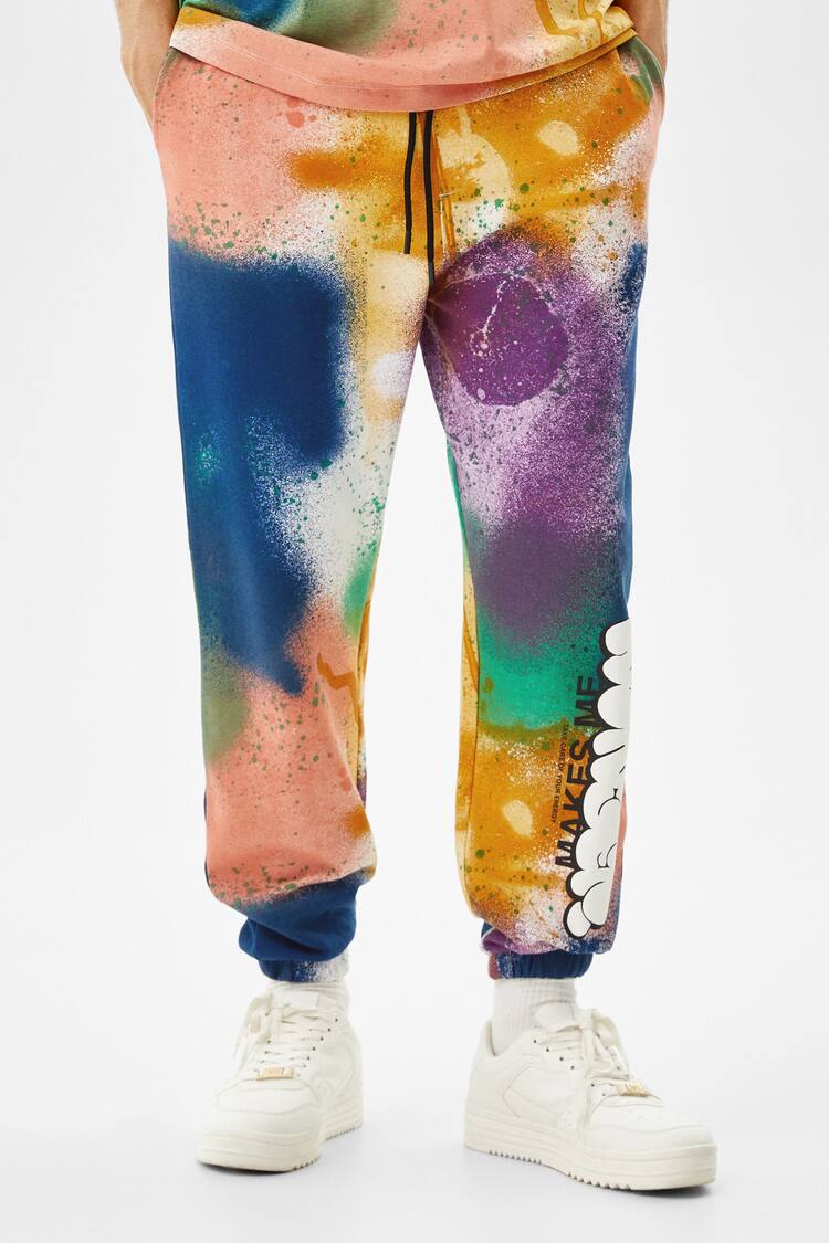 Multicoloured spray-effect print plush joggers