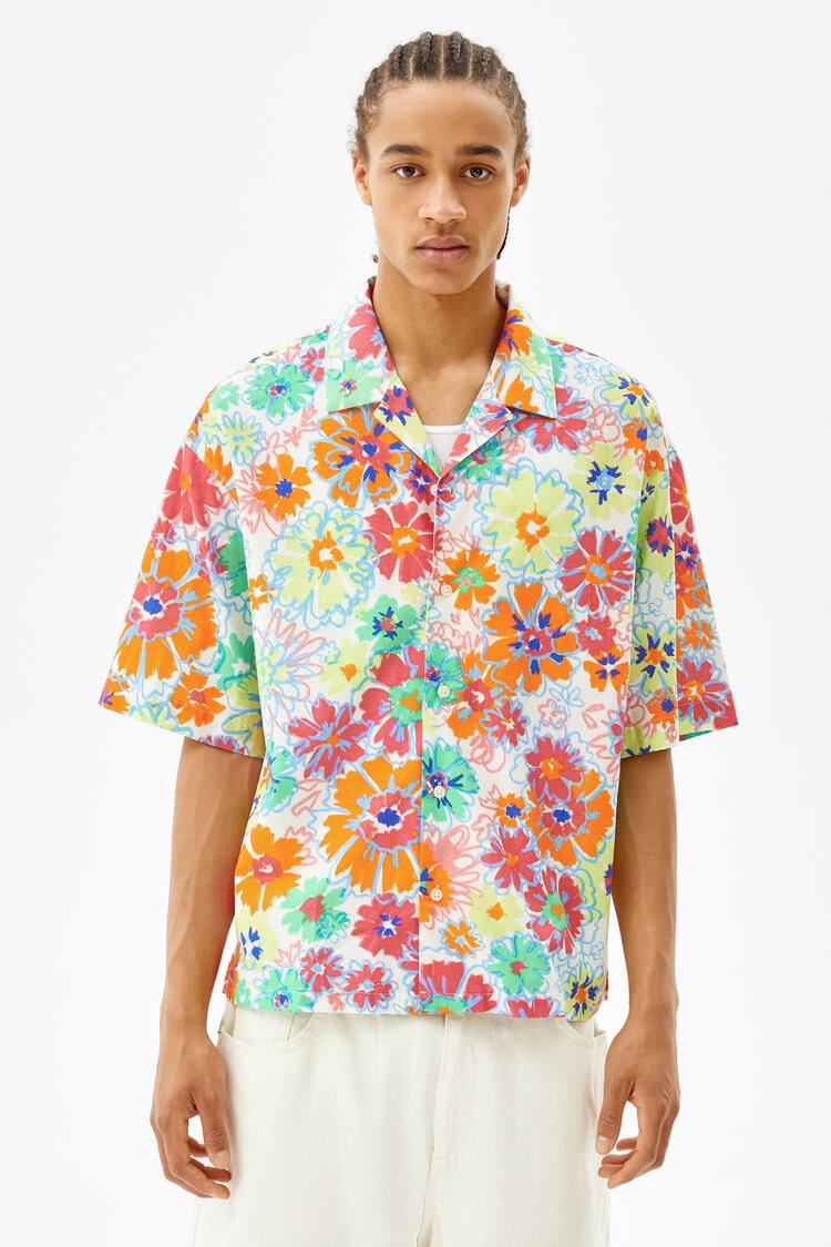 Floral print boxy fit short sleeve shirt