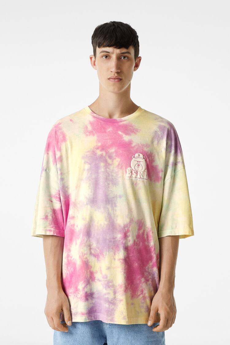 Short sleeve T-shirt with tie-dye bear puff print