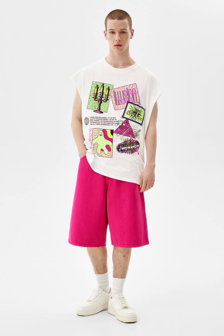 Sleeveless worker shirt with neon psychedelic print