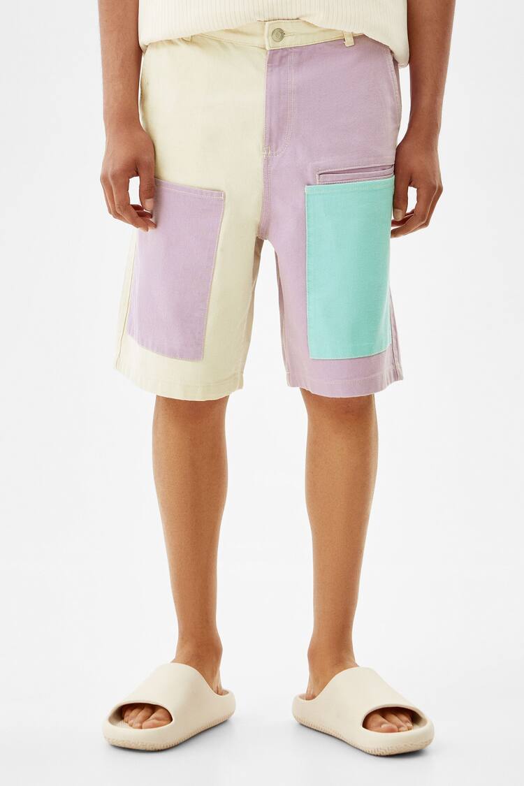 Colour block denim Bermuda shorts