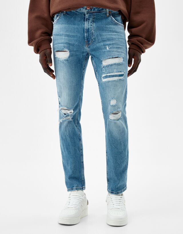 Jeans Hombre | Bershka Jeans Skinny Rotos Azul Lavado - Bellavista