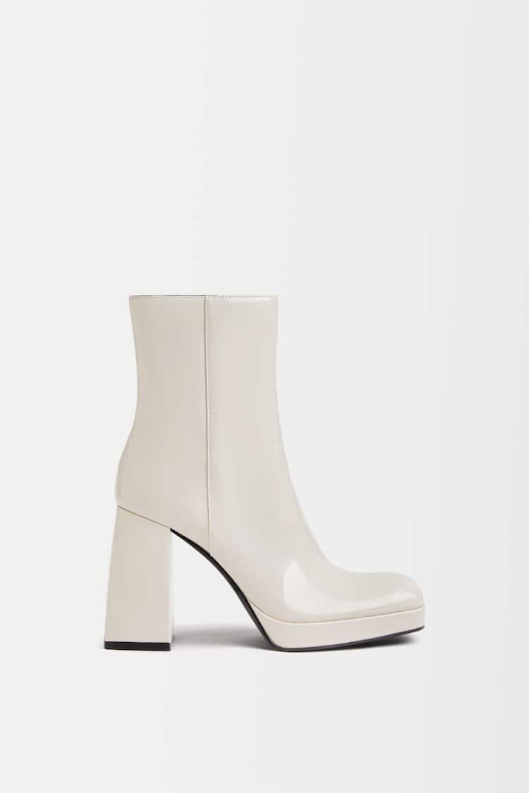 Faux patent high-heel ankle boots
