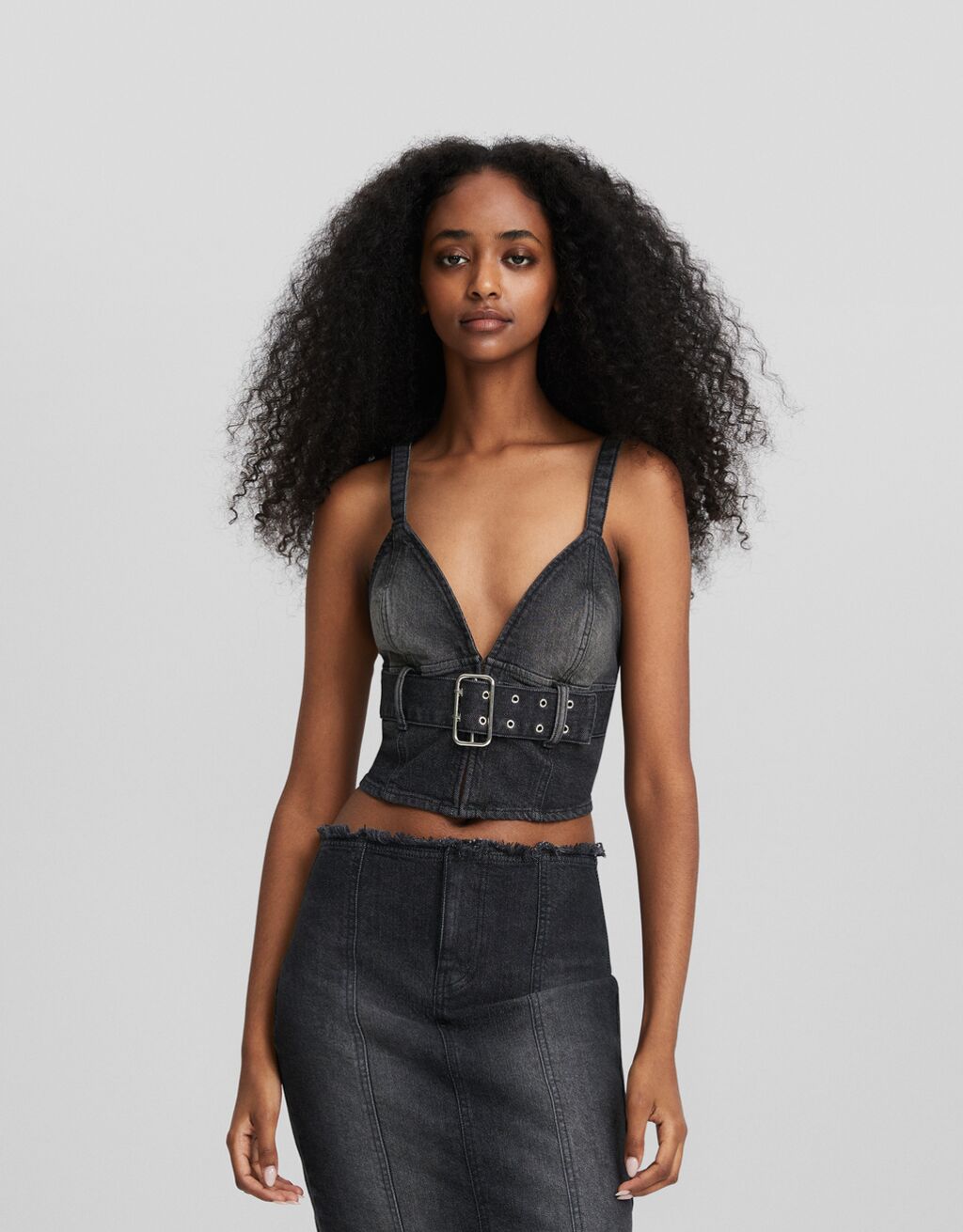 Denim crop top sales and skirt set