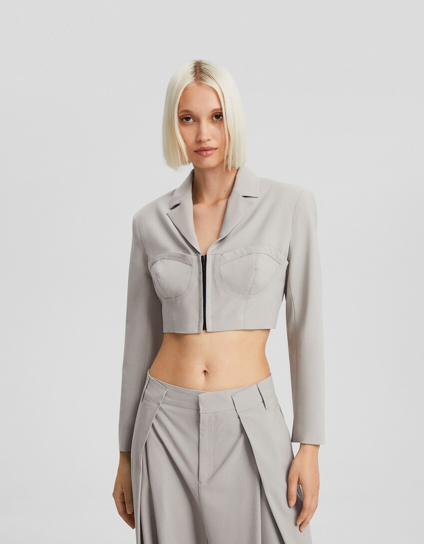 Blazer and pleated trousers set-Grey-1