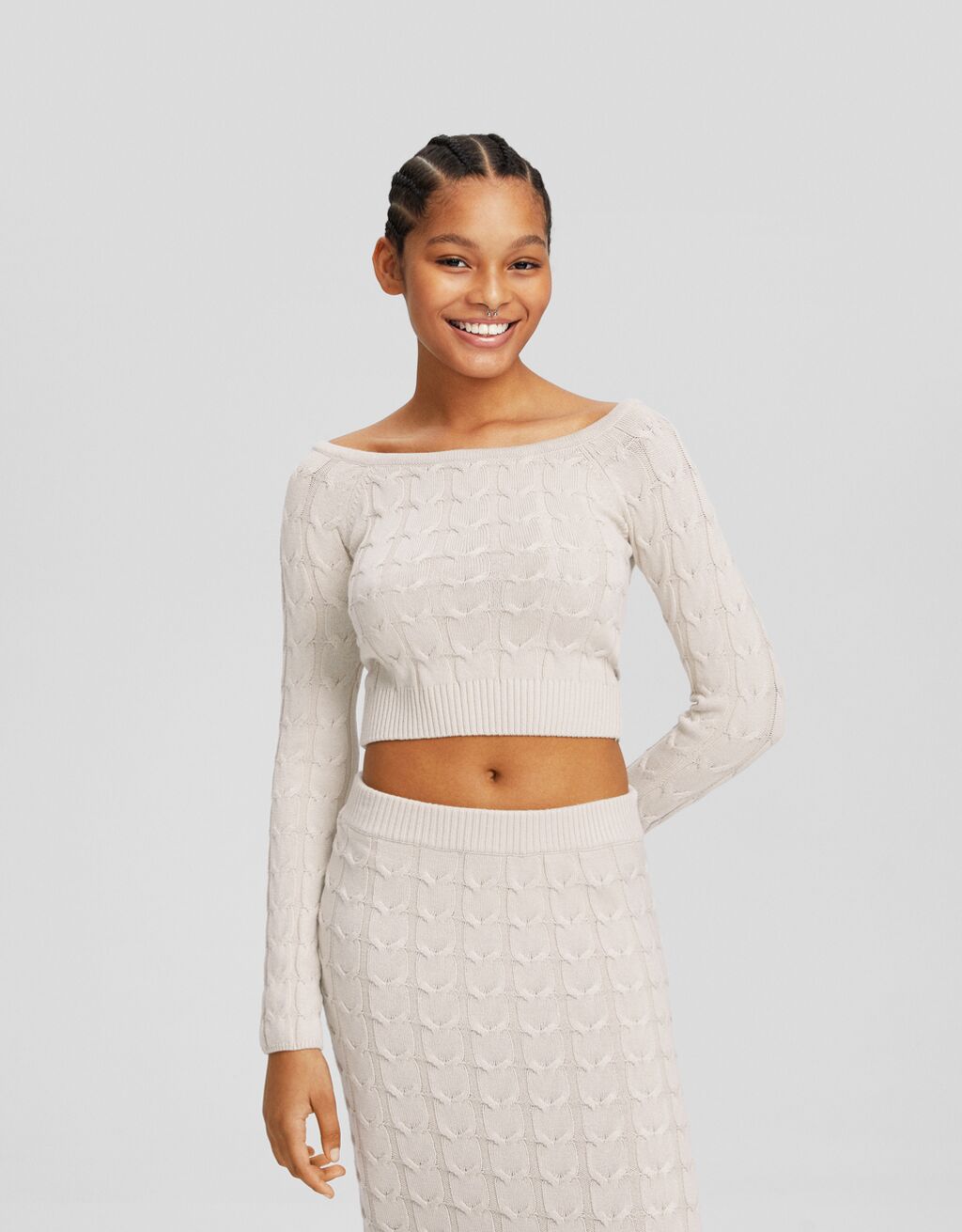 Cable knit sweater top and skirt set
