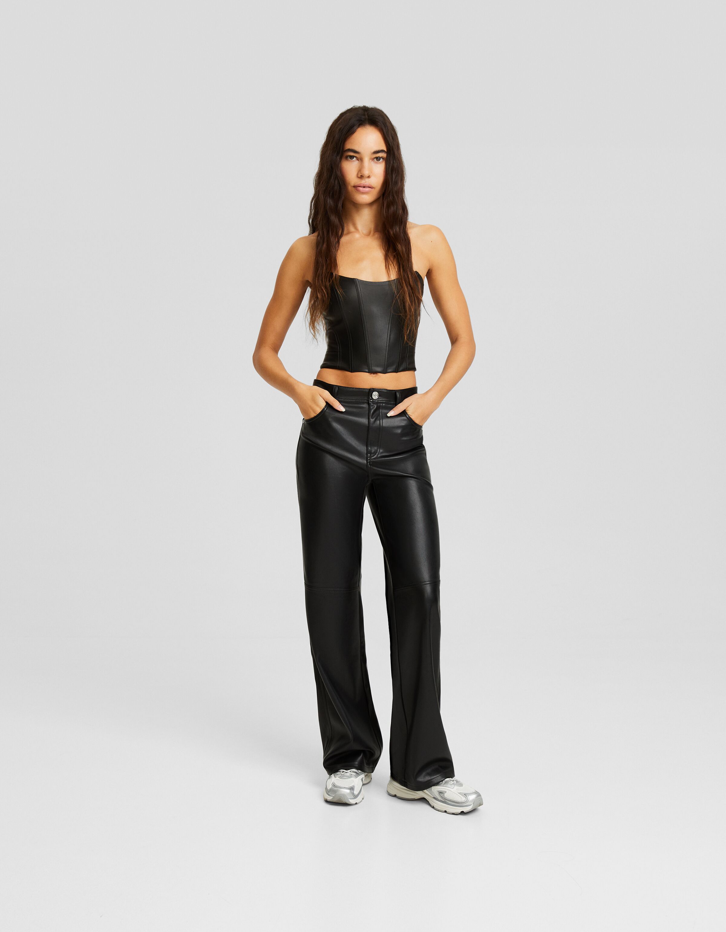 Faux leather top and trousers set Women Bershka