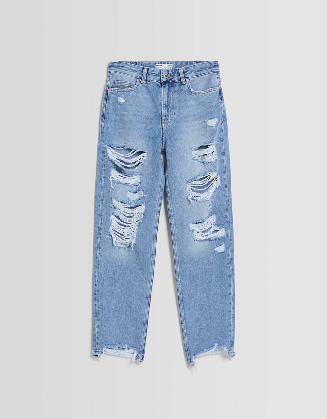 Jeans direitas cropped com rasgões