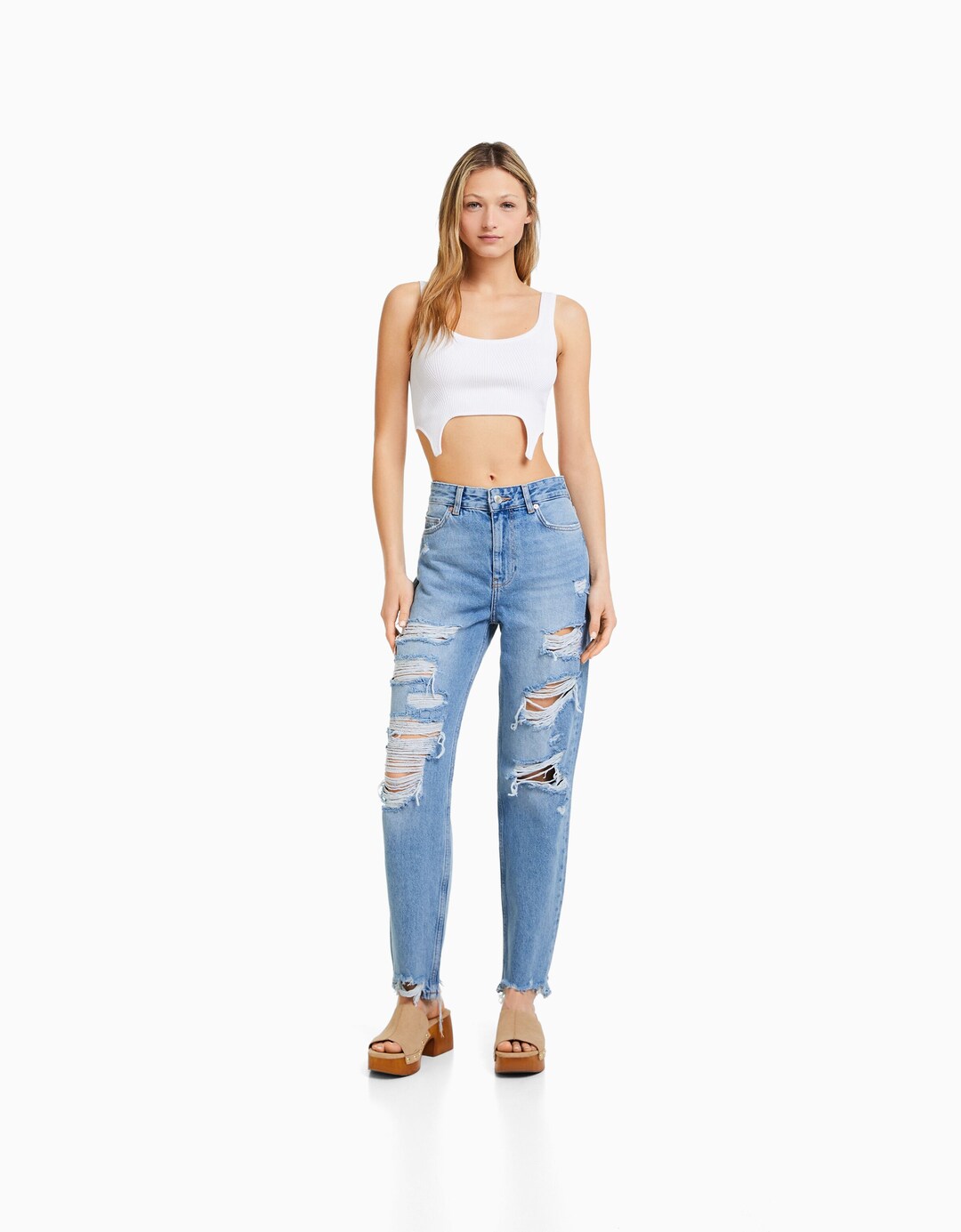 Ripped, cropped, straight-leg jeans