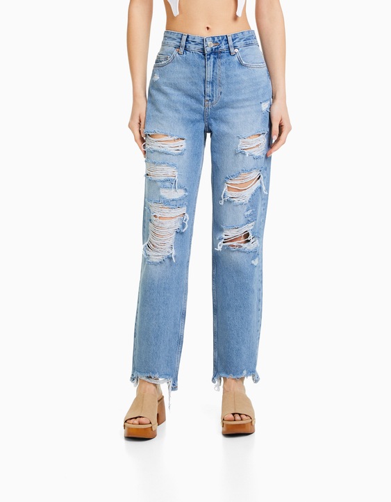 Reflexión Querer Permanece Jeans straight cropped rotos - Denim - Mujer | Bershka
