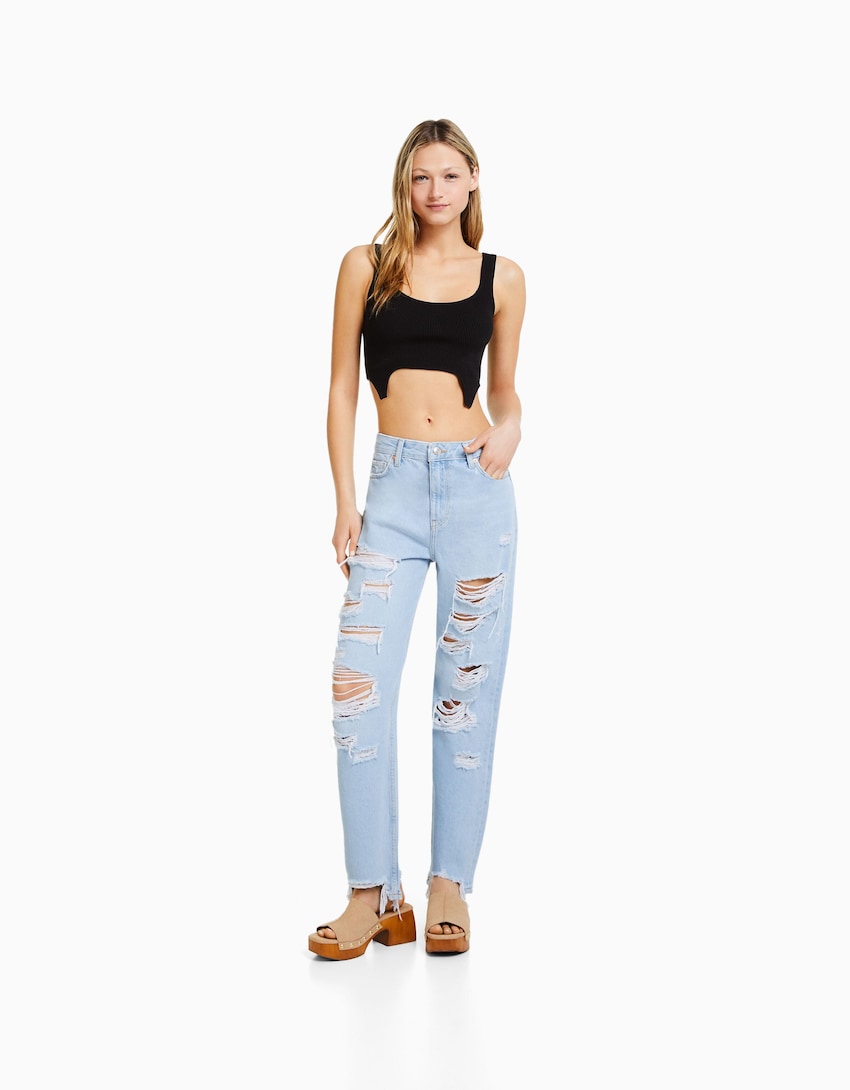 Ripped, cropped, straight-leg jeans-Light blue-0