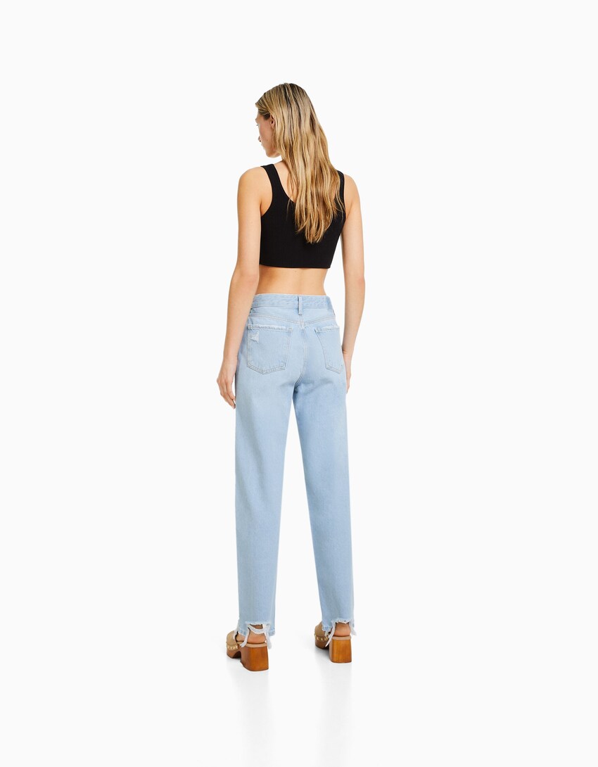 Ripped, cropped, straight-leg jeans-Light blue-2