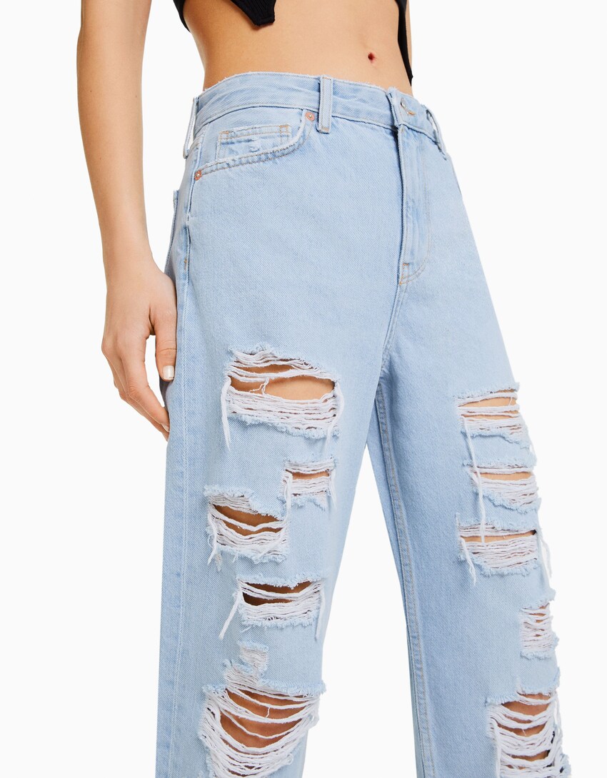 Ripped, cropped, straight-leg jeans-Light blue-3