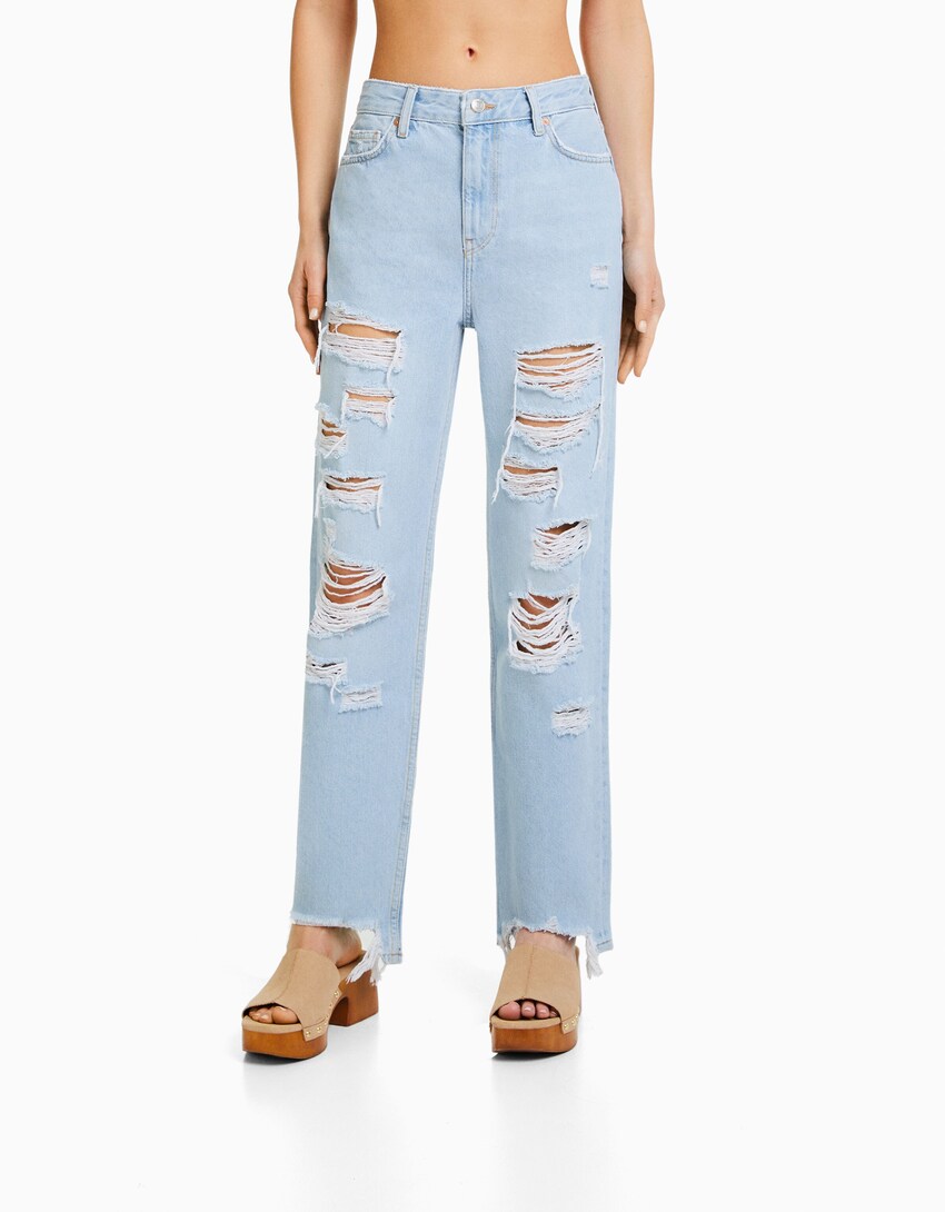 Ripped, cropped, straight-leg jeans-Light blue-1