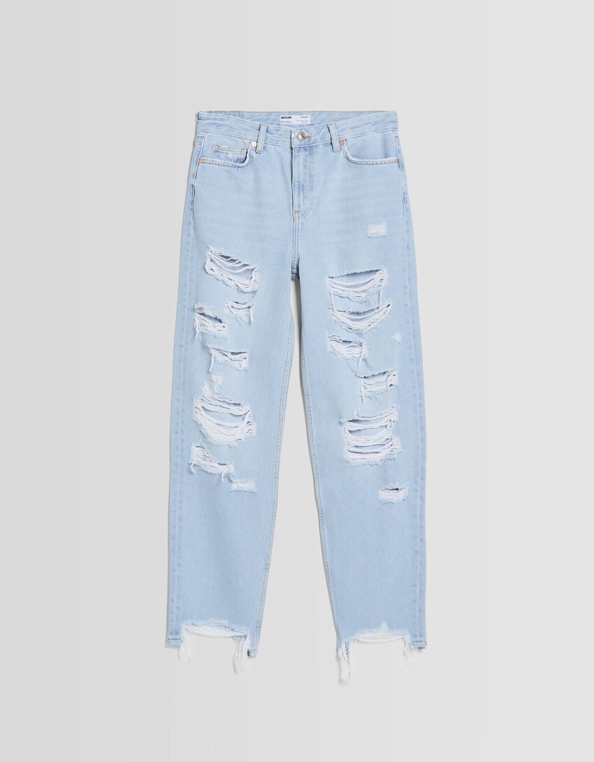 Ripped, cropped, straight-leg jeans-Light blue-4